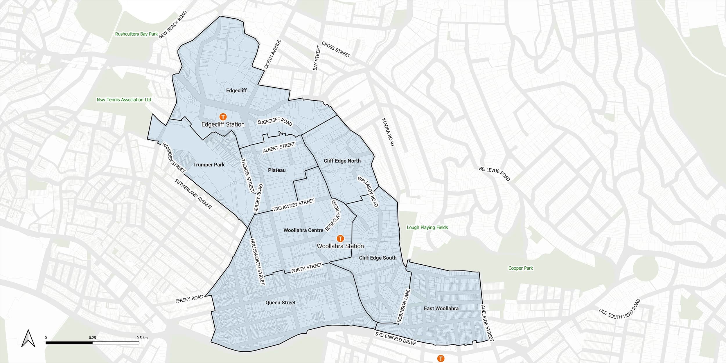 Edgecliff-Woollahra 区域分区示意图,展示重新规划草案范围