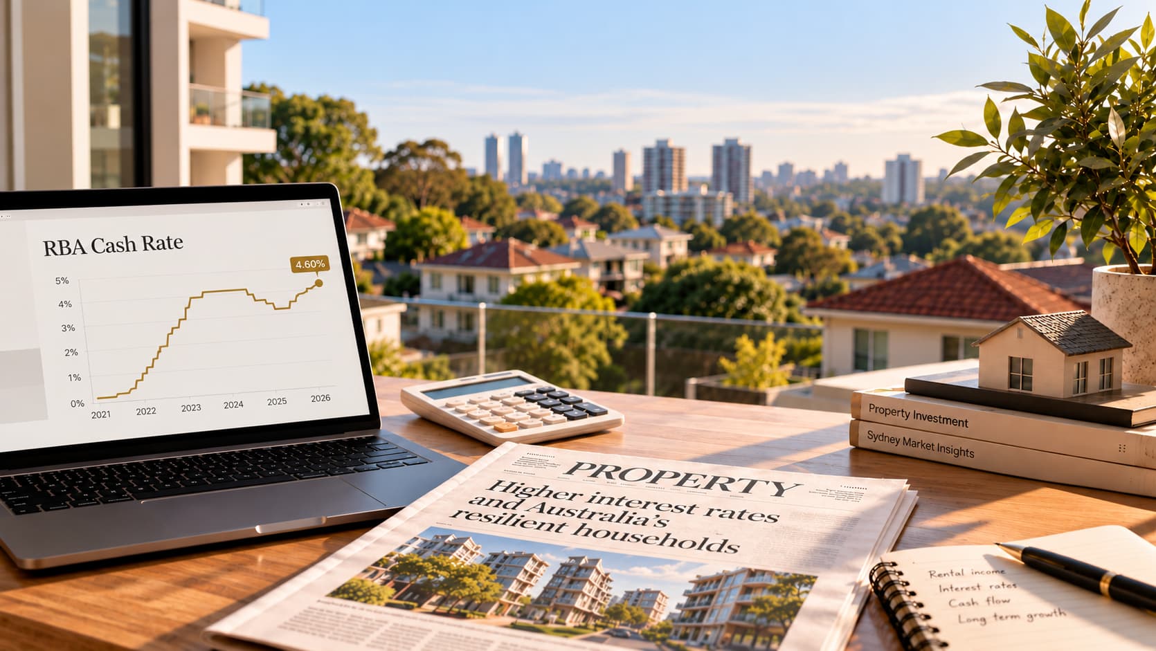 AI-generated Sydney property investment workspace with a calculator and illustrative RBA cash-rate curve