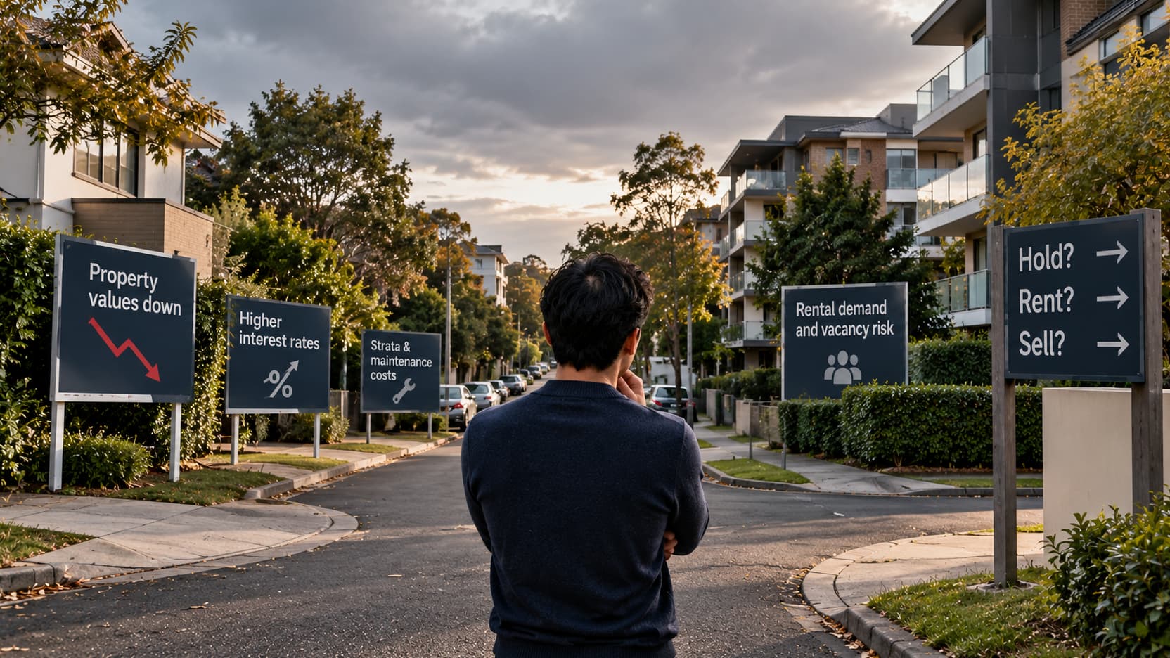 Approved AI-generated editorial illustration of a landlord on a suburban Sydney street facing property values, interest rates, strata and vacancy pressures, with Hold, Rent and Sell choices.
