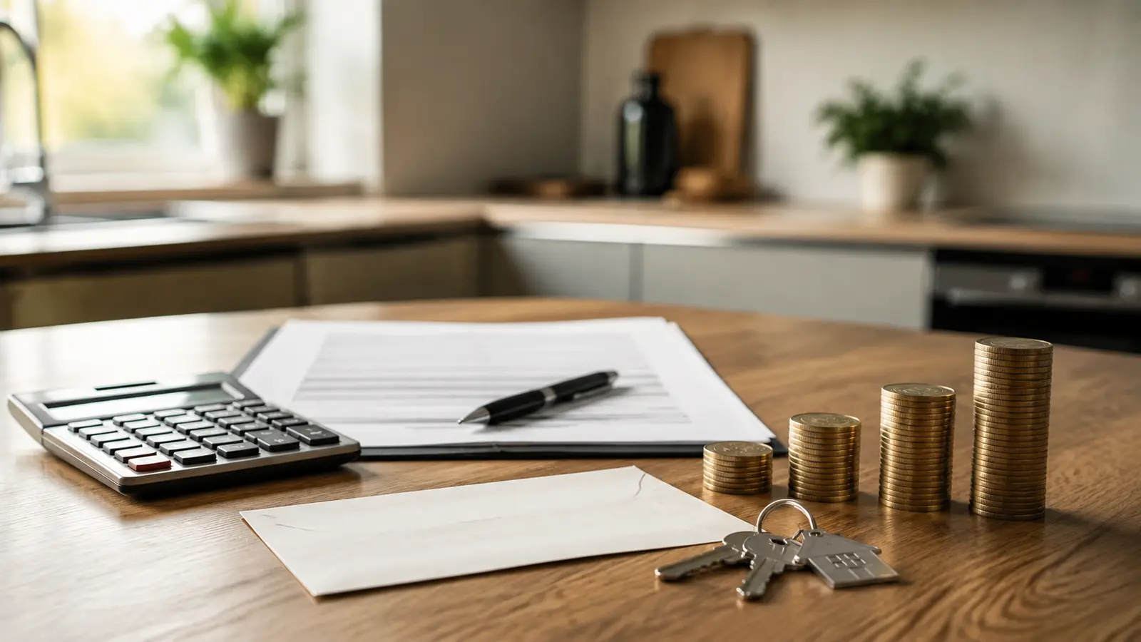 Rental documents, calculator, house keys and rising stacks of coins