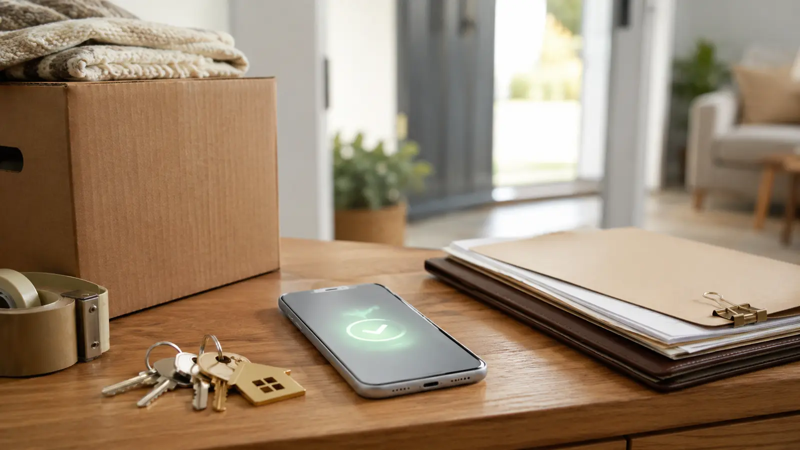 Moving box, house keys, rental documents and a digital confirmation on a phone