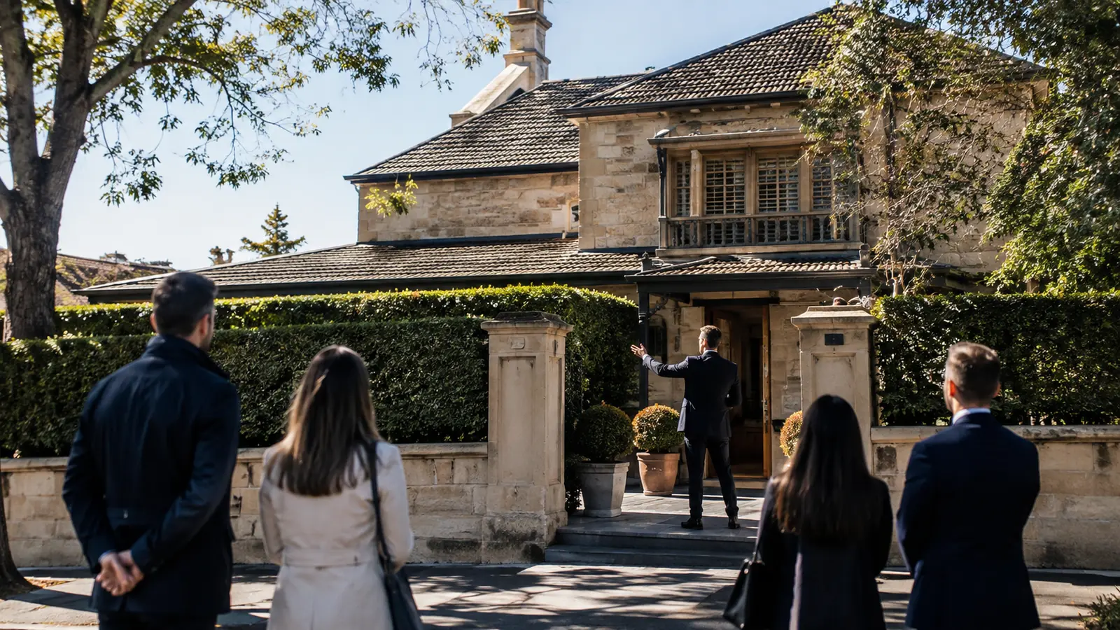 Sydney residential property auction outside a sandstone home