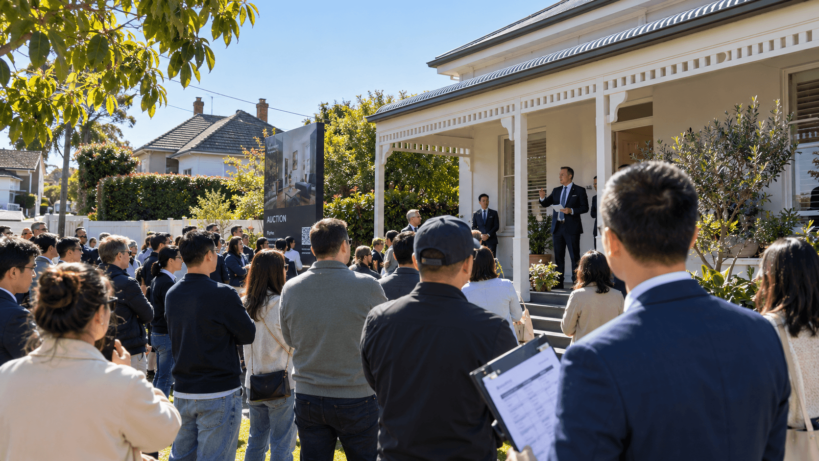 AI 生成示意图:年轻买家参加悉尼住宅现场拍卖