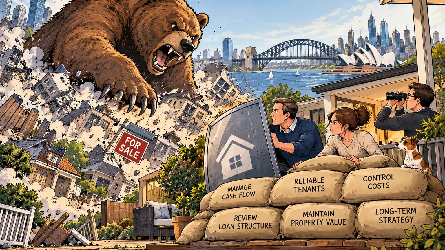 AI-generated illustration of Sydney landlords shielding homes from a bear symbolising a property downturn