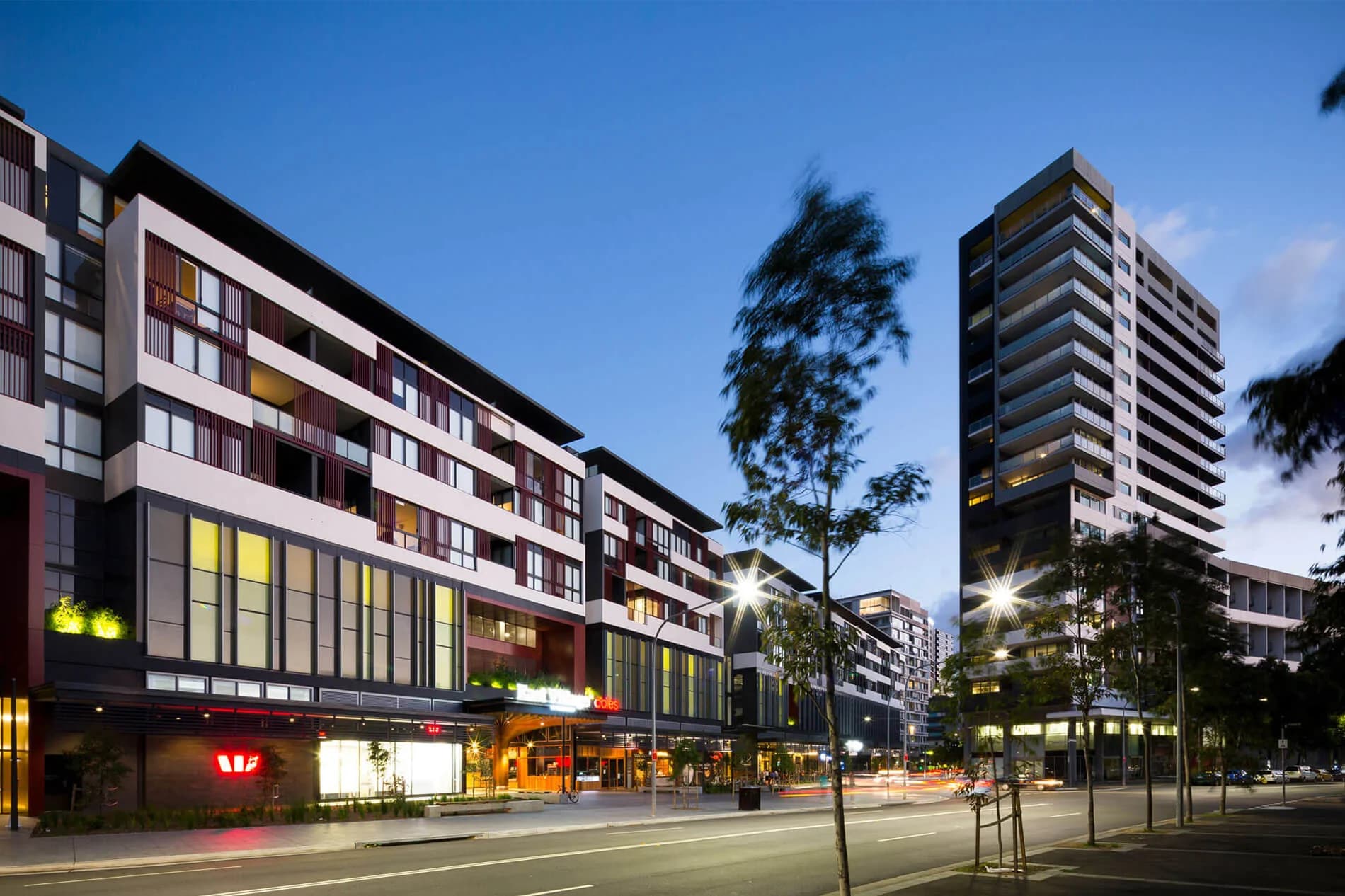East Village streetscape and apartment buildings in Zetland