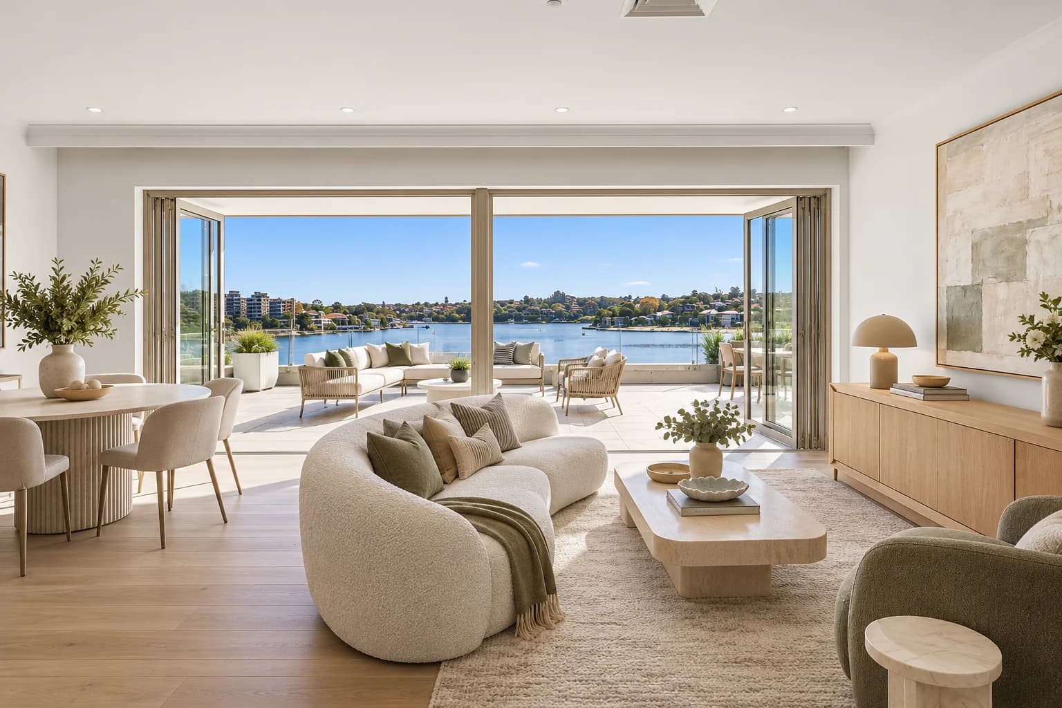 Apartment living room with balcony and water outlook