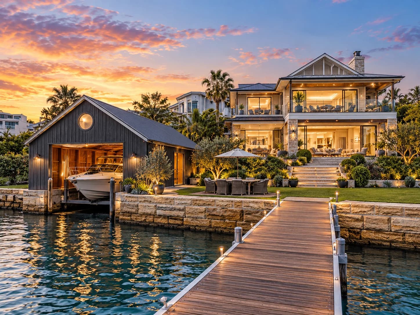 Waterfront house and jetty at dusk