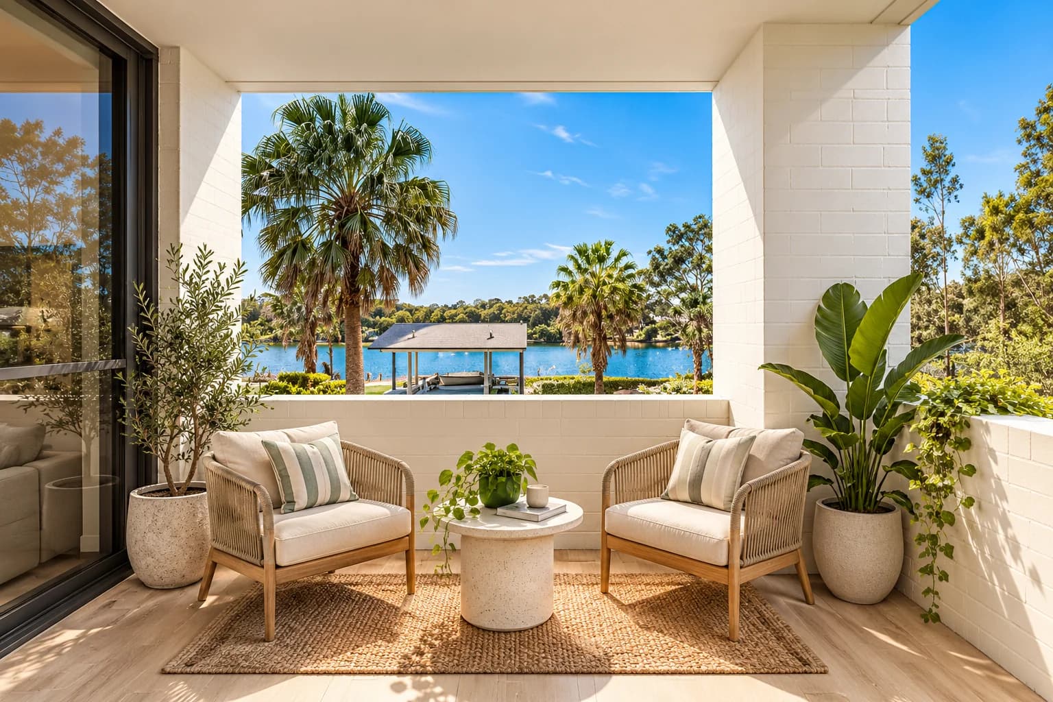 Sheltered residential balcony with outdoor seating