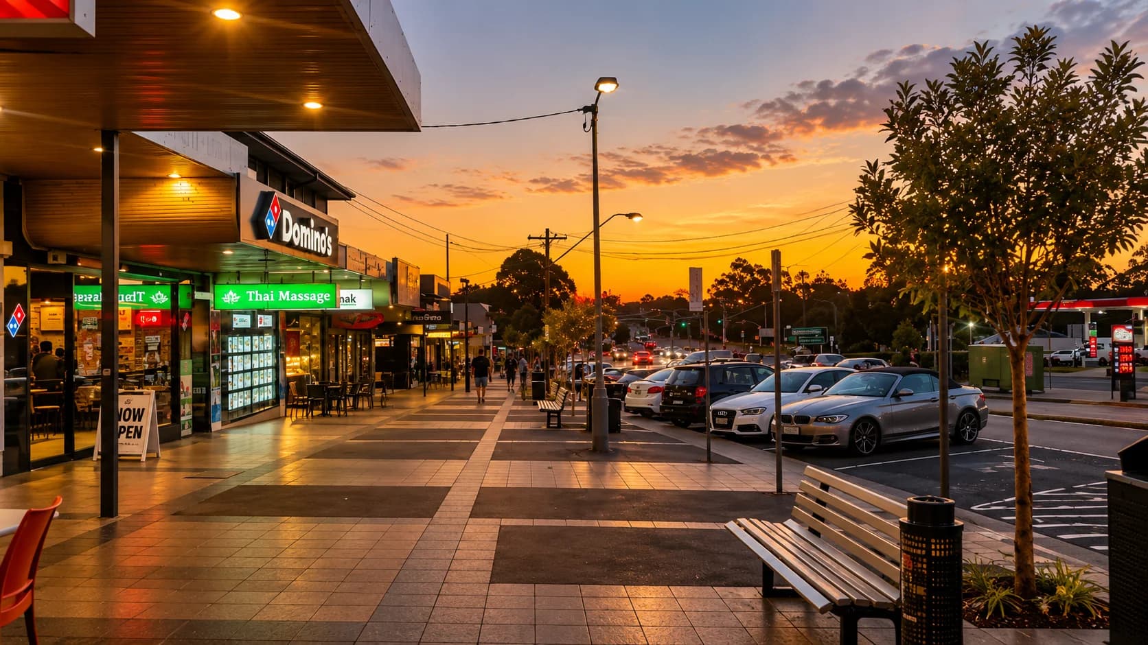 Neighbourhood shops and outdoor seating at sunset