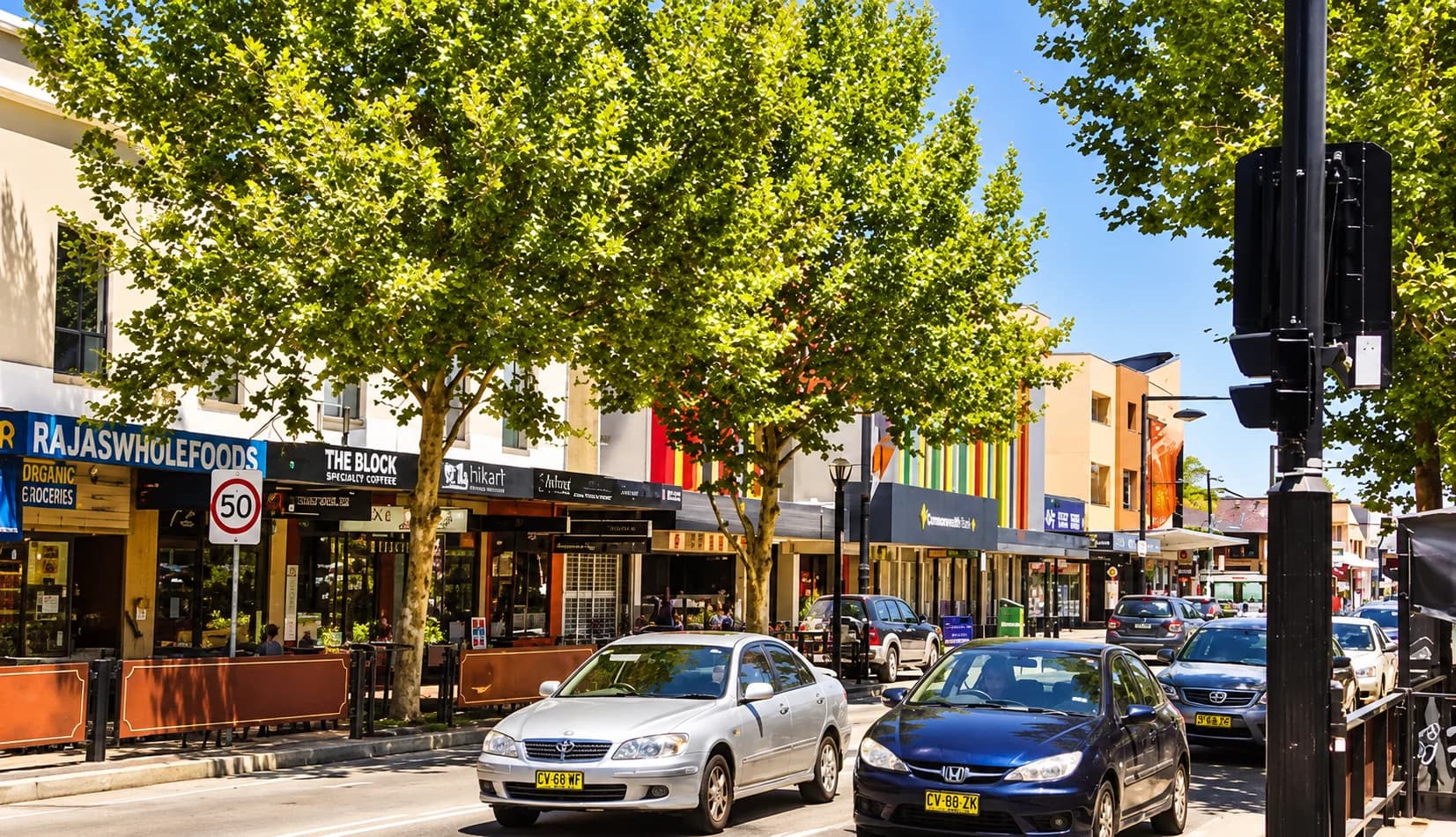 Tree-lined suburban shopping street