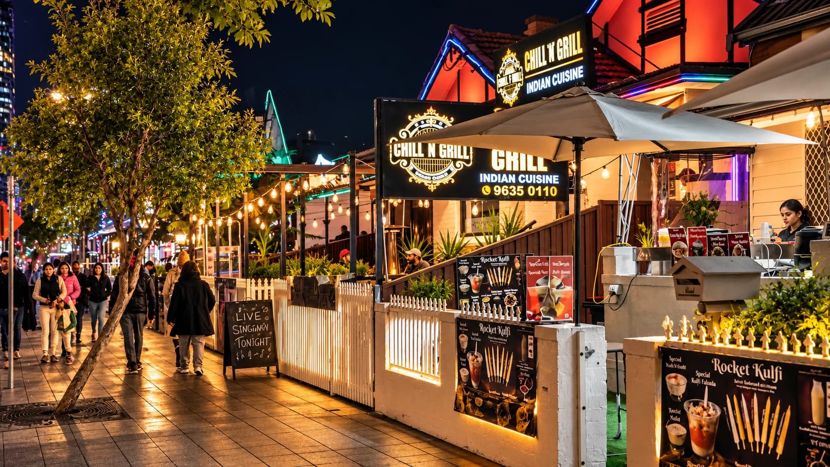 Harris Park dining strip at night