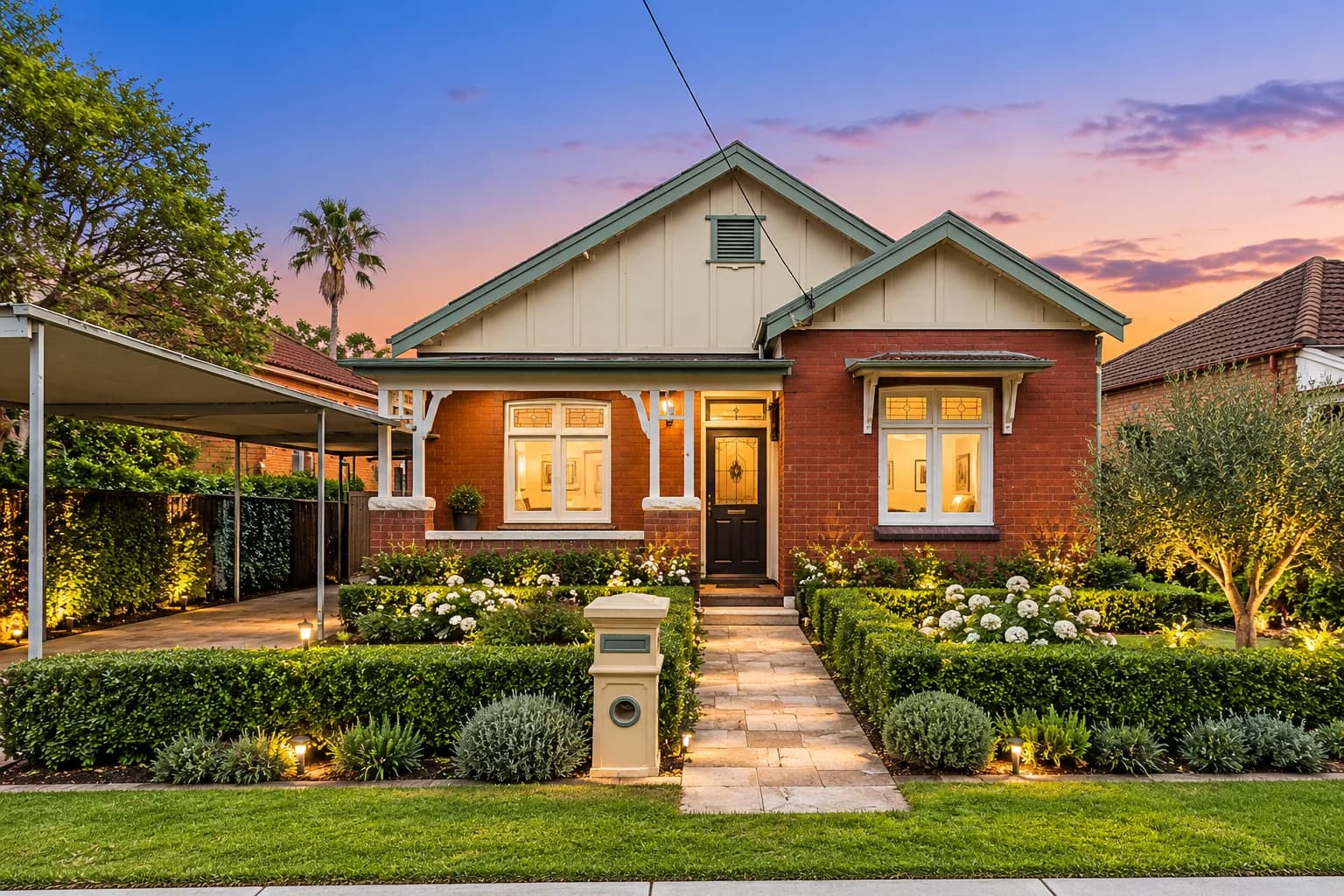 Single-storey brick house with a landscaped front garden