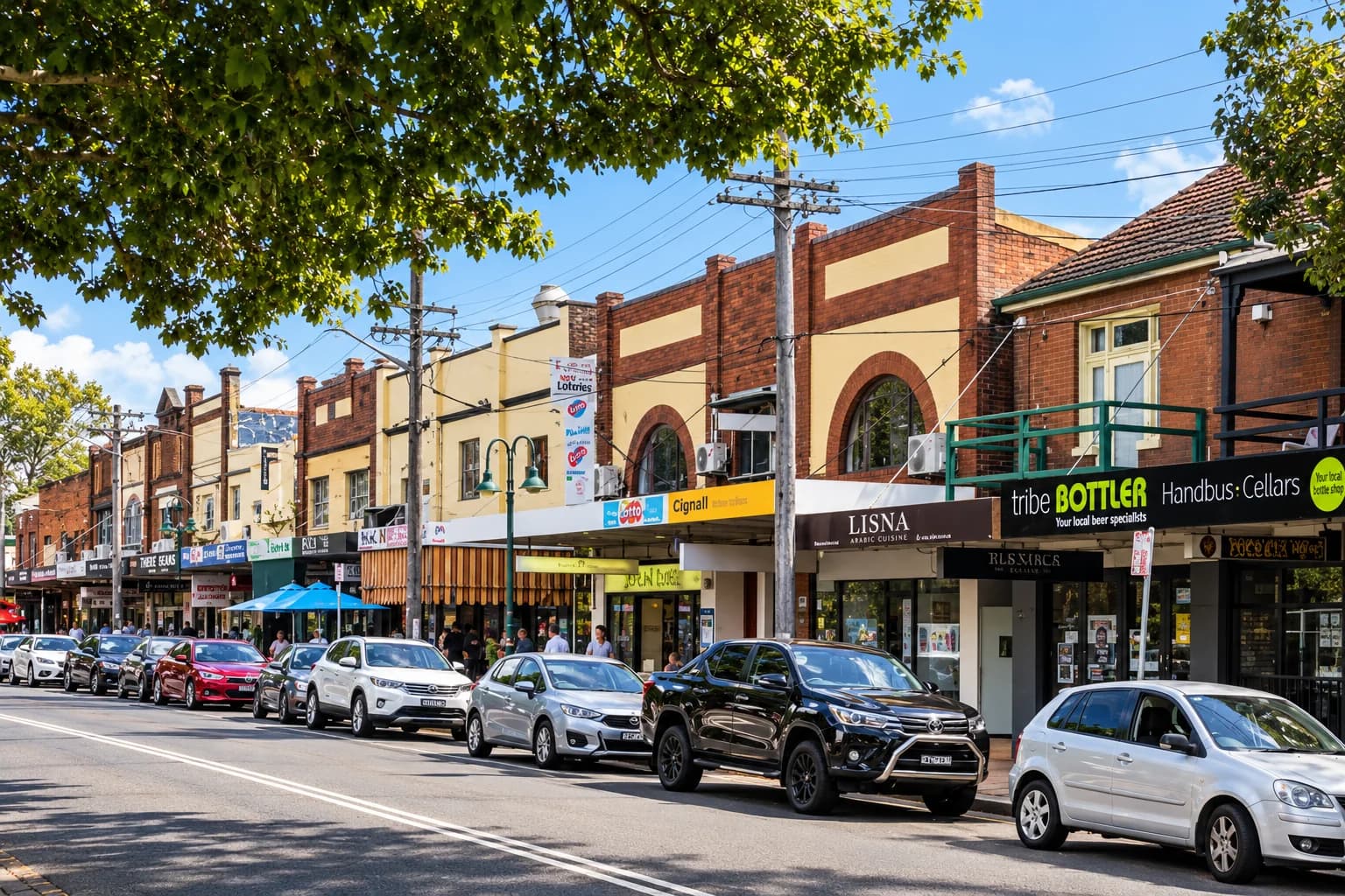 Brick shopfronts along a suburban shopping street