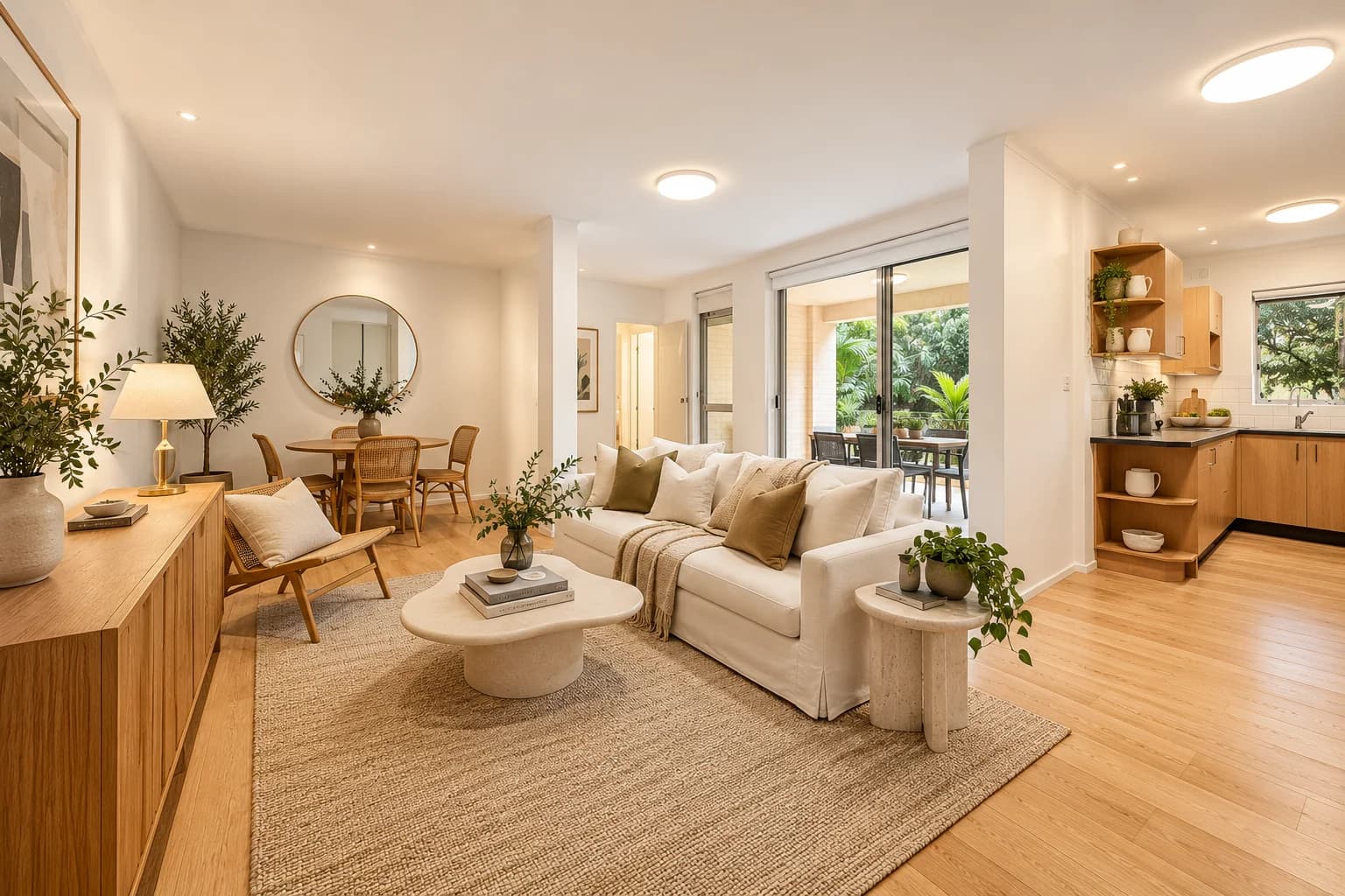 Apartment living room with an open kitchen and balcony