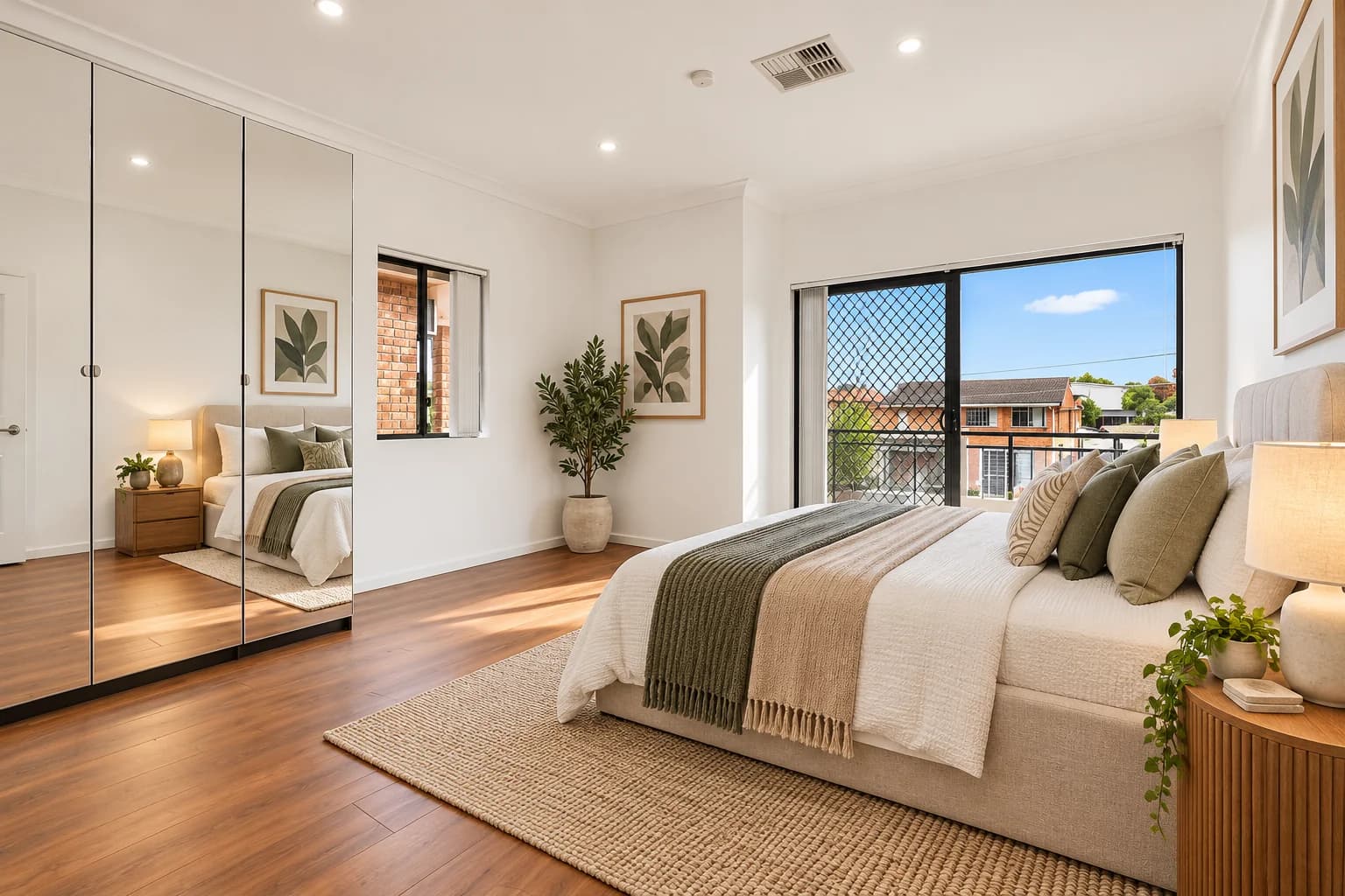 Bright bedroom with windows overlooking neighbouring homes
