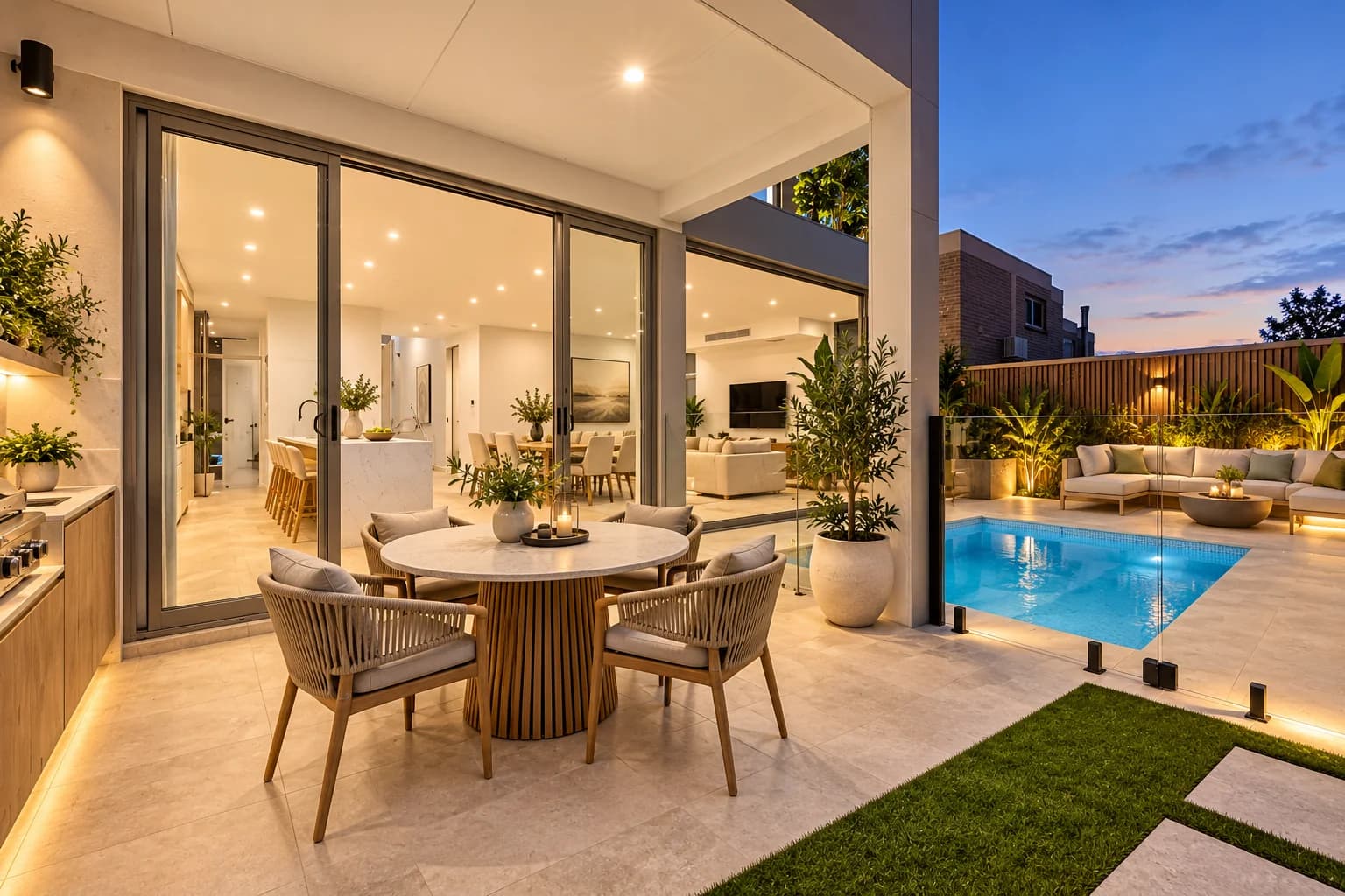 Covered outdoor dining area beside a pool
