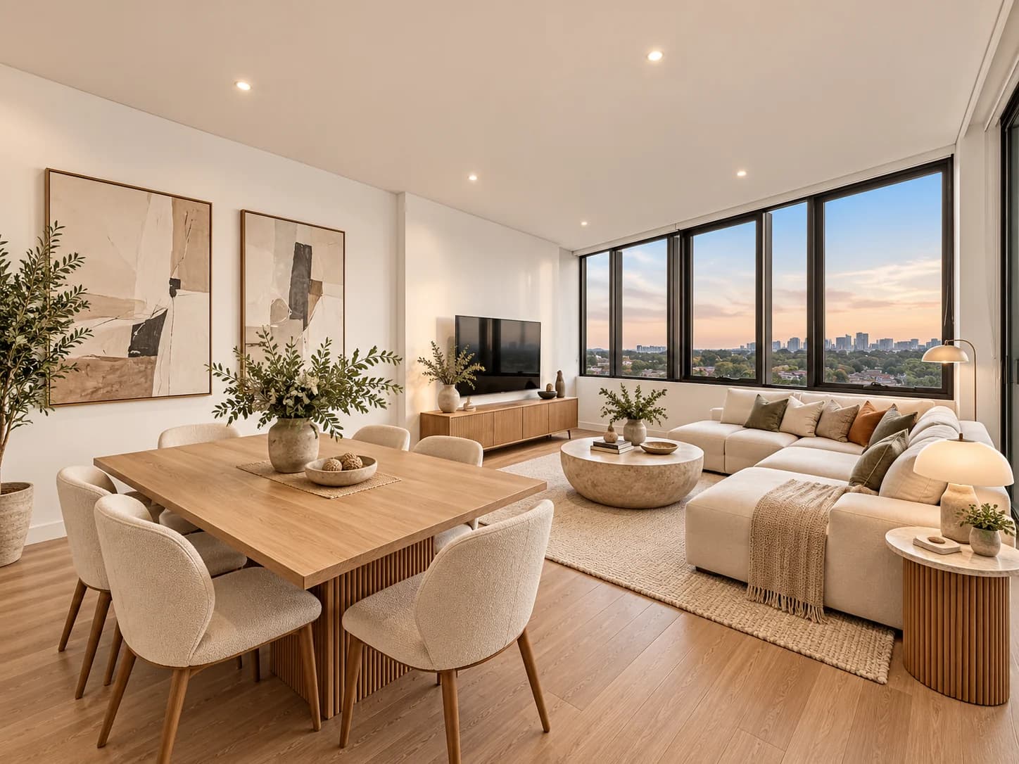 Bright apartment living and dining room opening to a balcony