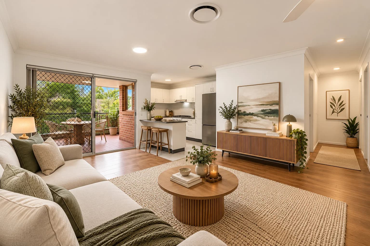 Apartment living and dining area opening to a balcony