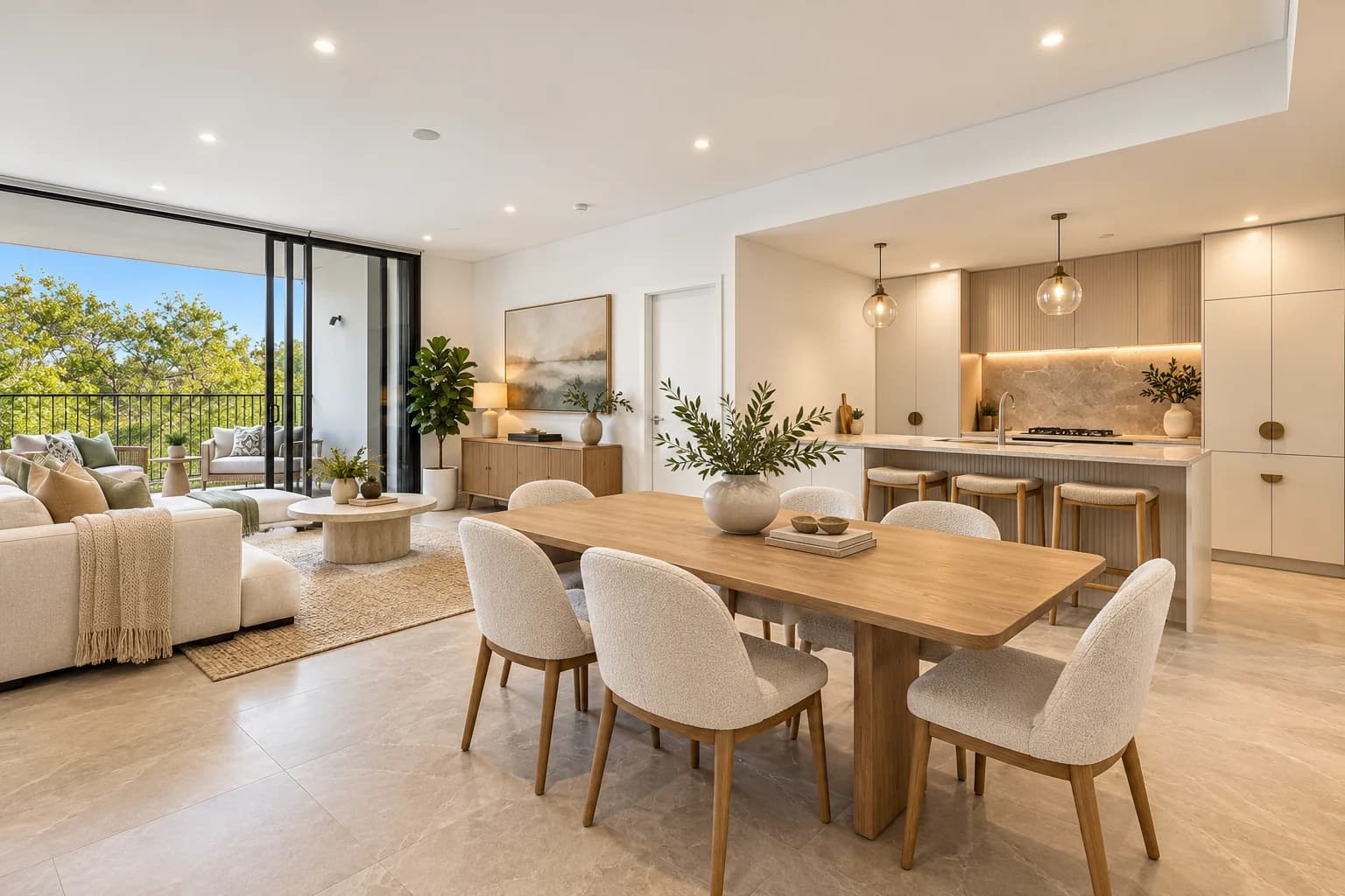 Apartment dining space, kitchen and balcony