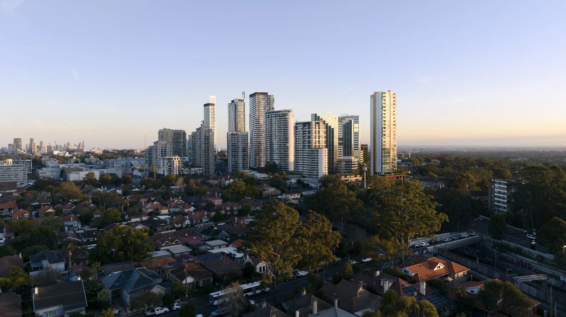 Chatswood skyline with apartments and established houses