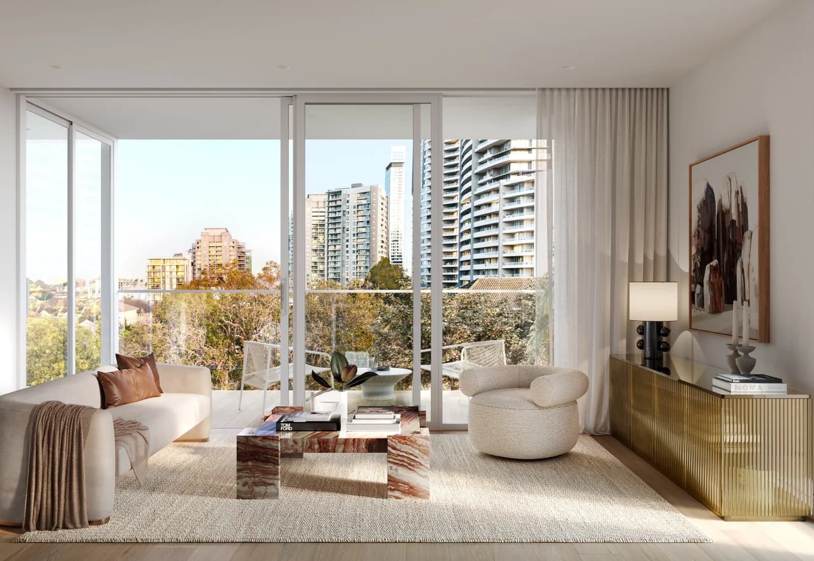 可眺望周边住宅大楼的 Chatswood 公寓室内空间