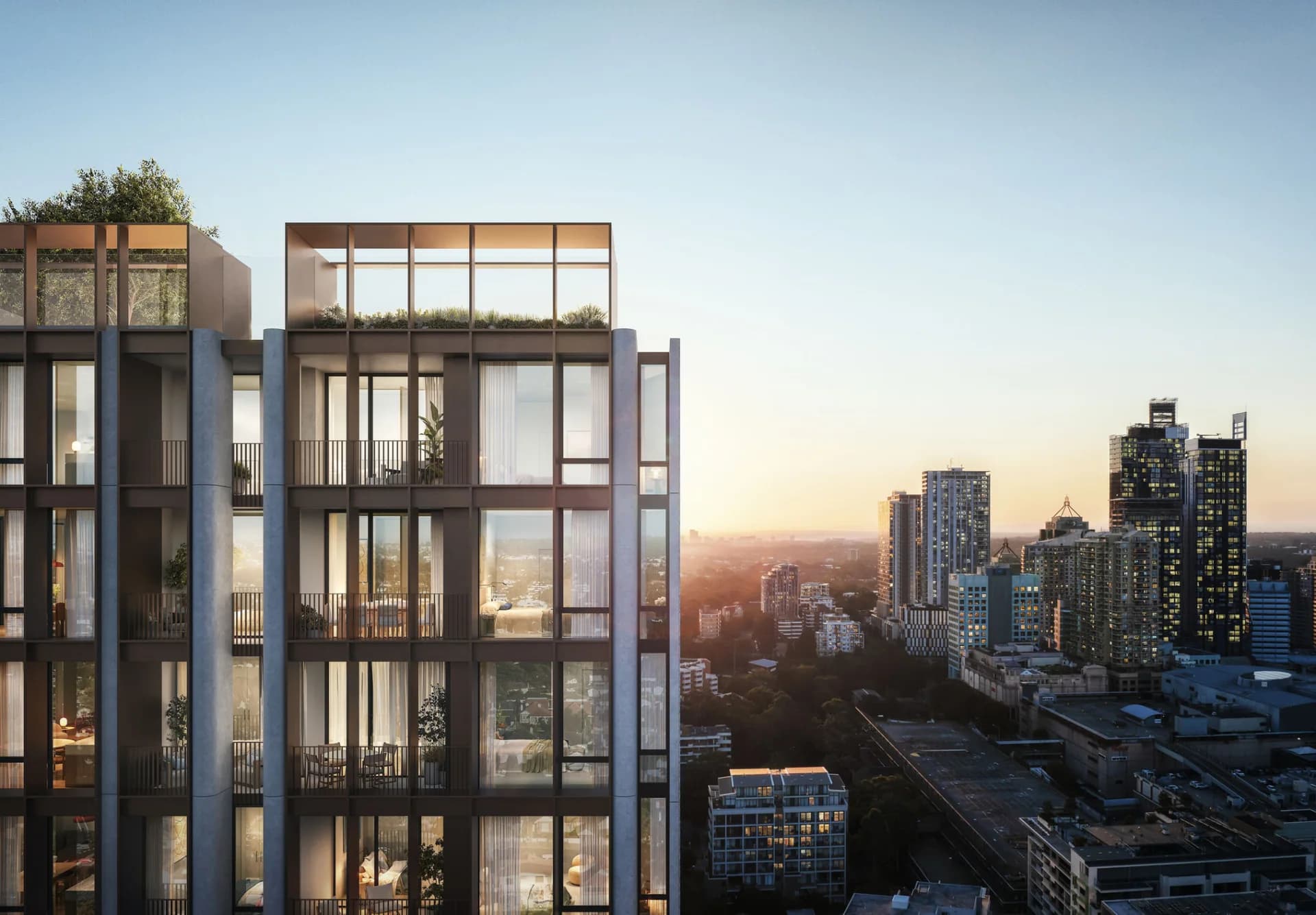 Apartment buildings near Lane Cove at sunset