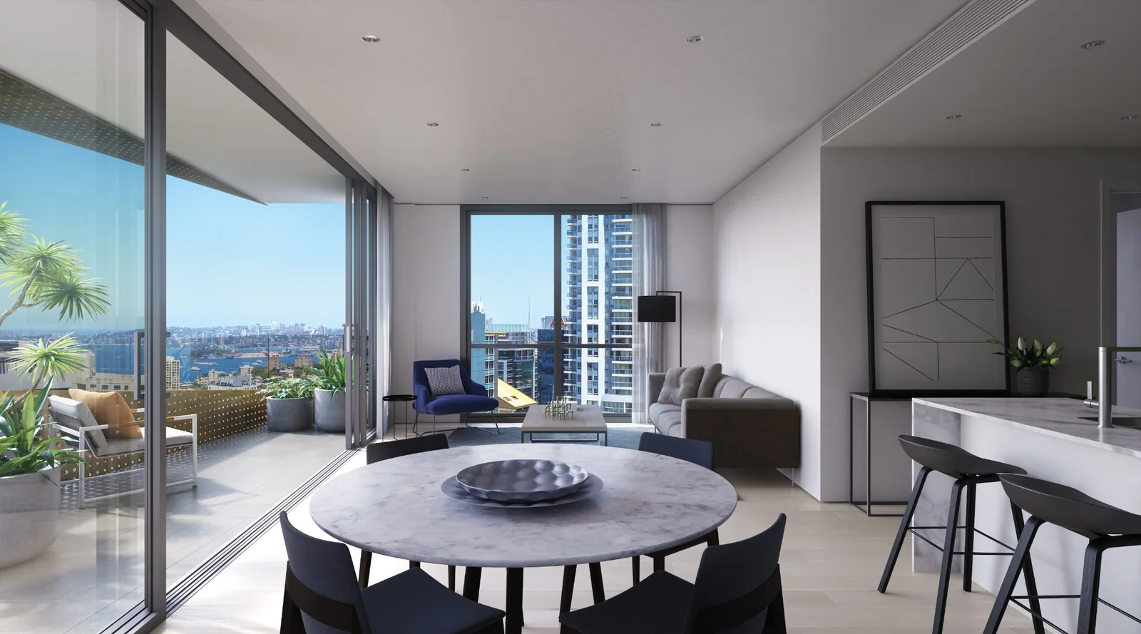 可眺望海港与城市景观的 North Sydney 公寓起居空间