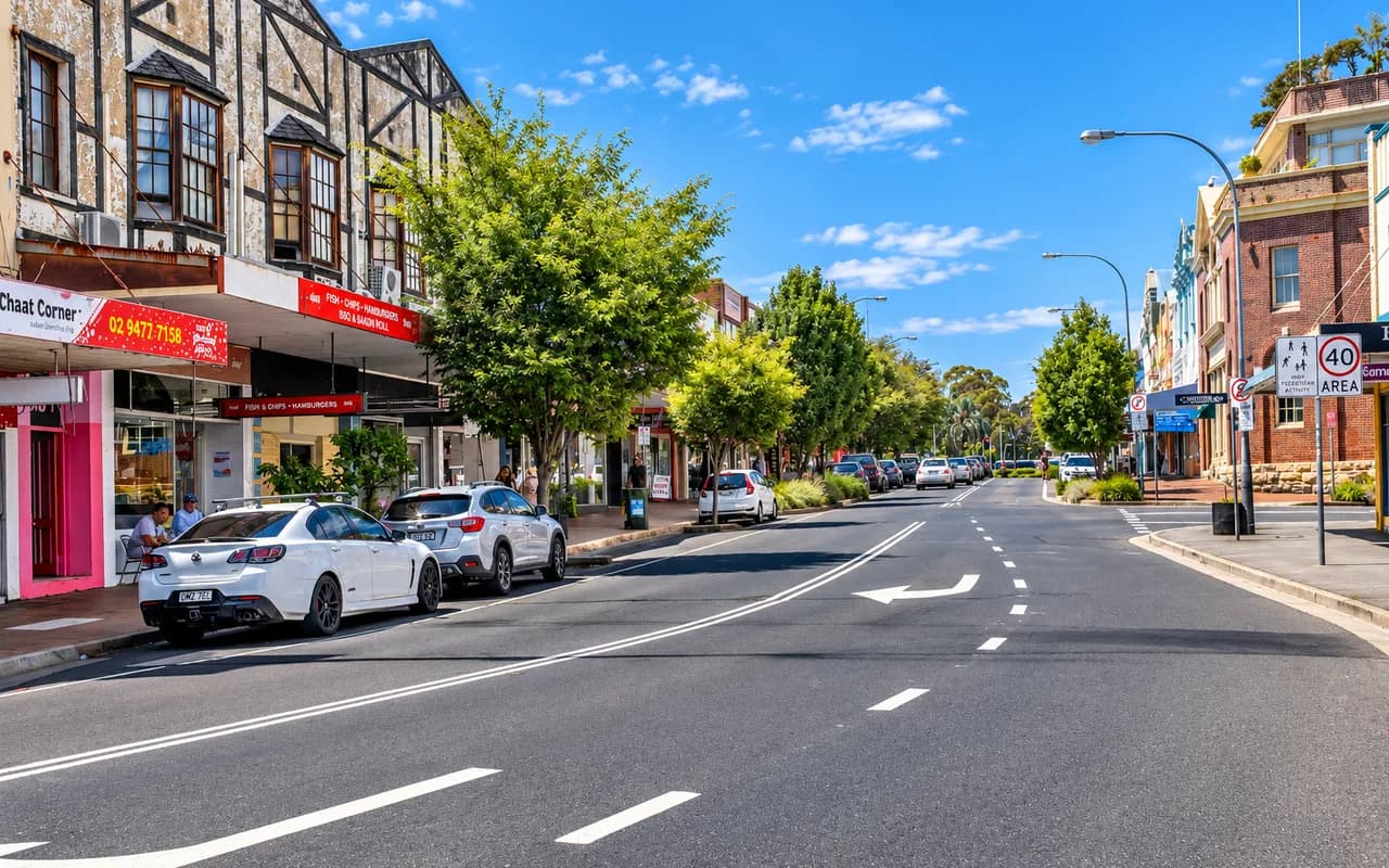 Shops and traffic along a tree-lined street in Hornsby