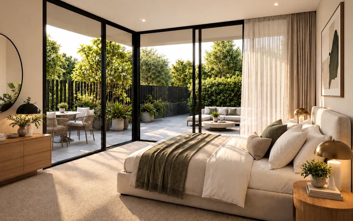 Contemporary bedroom opening onto a garden in Melrose Park