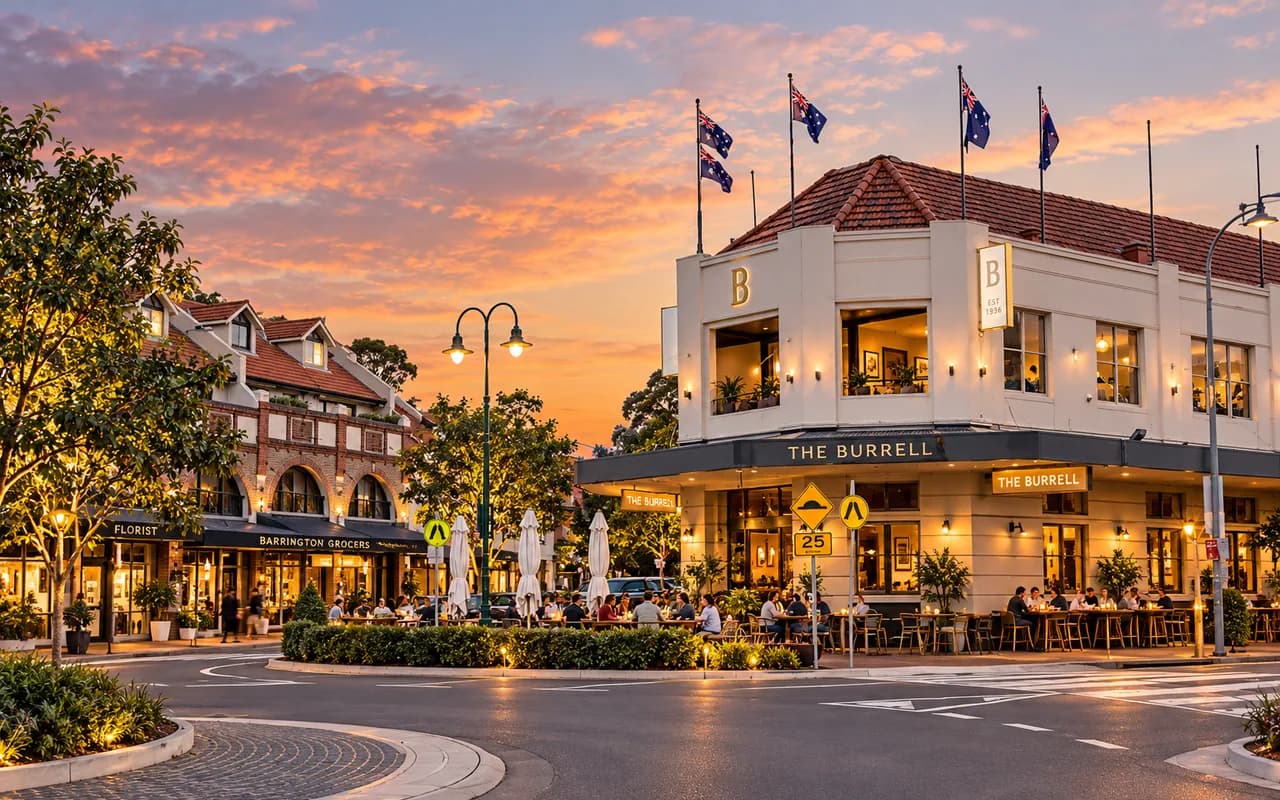 Shops and dining along a Mosman street at sunset