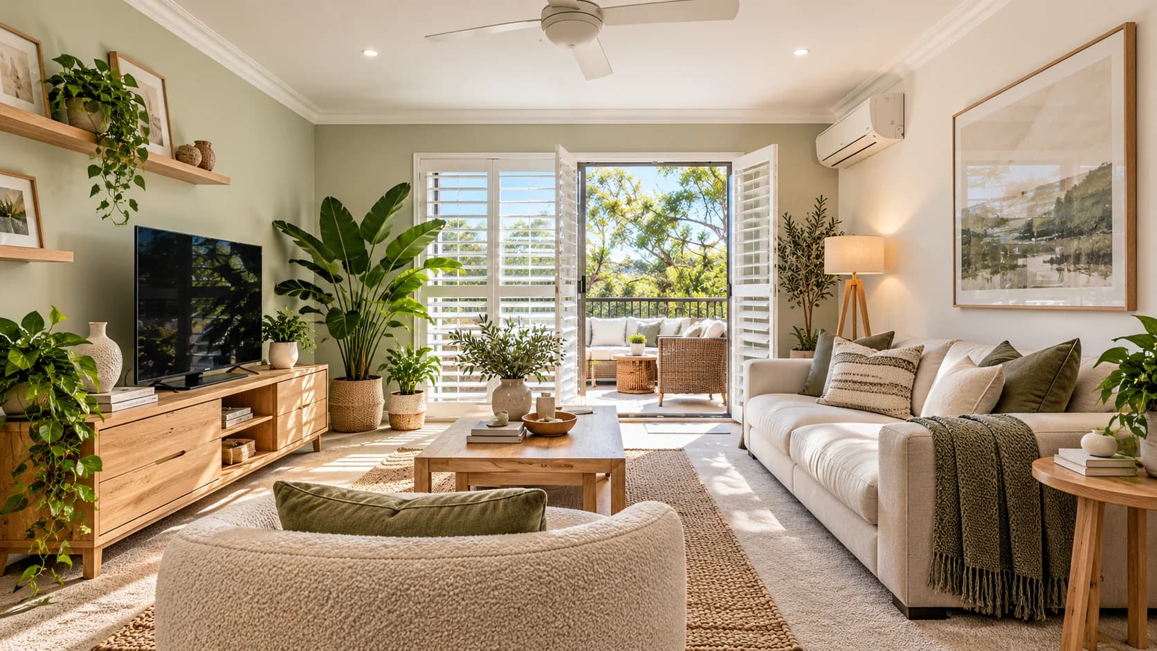 Apartment living room opening to a leafy balcony