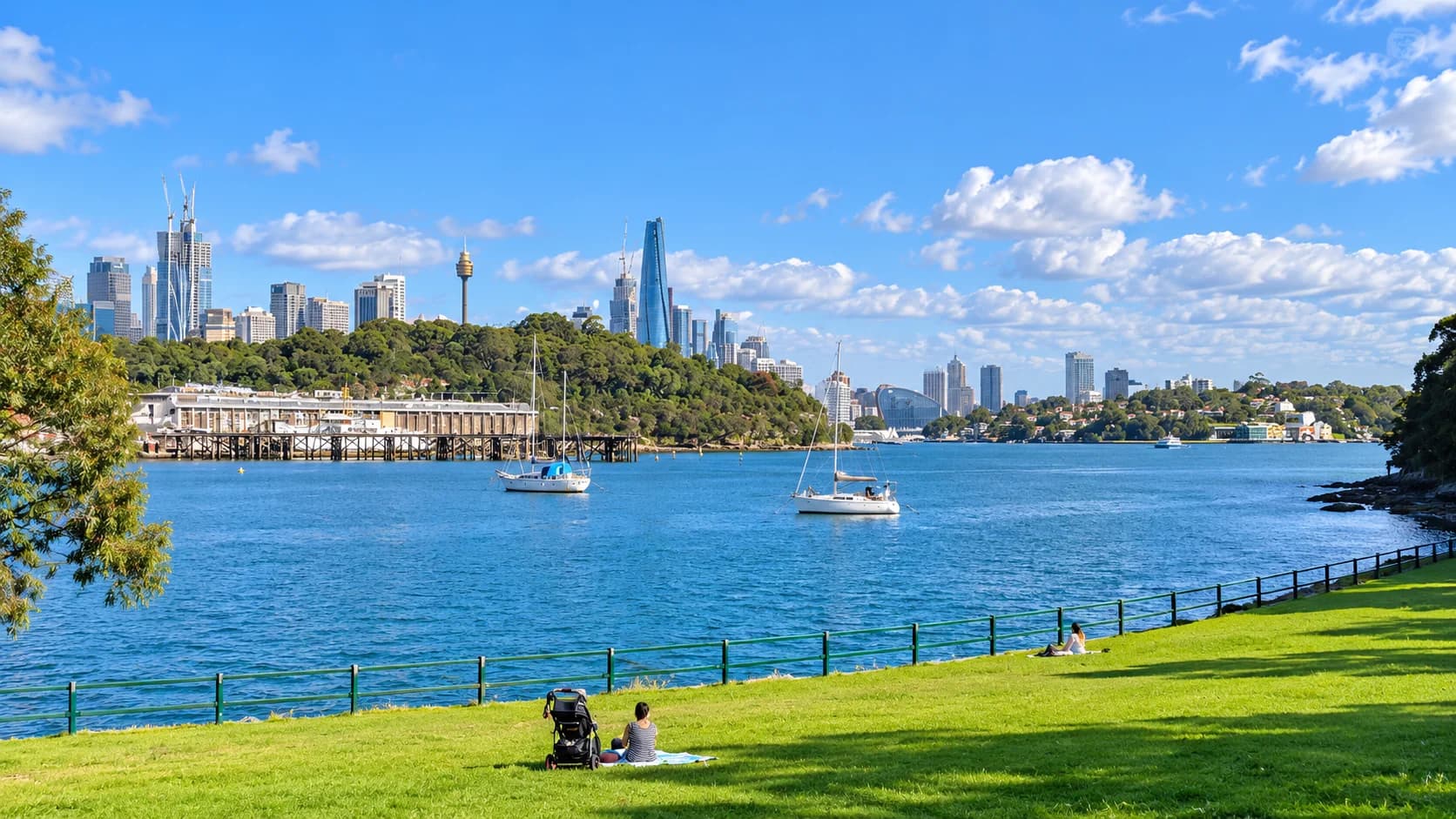Harbour parkland with a distant city skyline