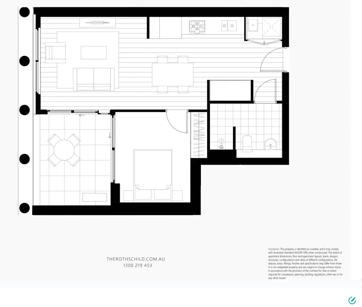 Floorplan for the one-bedroom apartment at The Rothschild, Rosebery